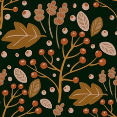 Autum Winter Pattern Background Illustration For Cover, Banner, Notes. Fall Winter Aesthetic Background.  Plant And Flower Pattern Background.
