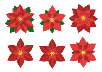 Six poinsettia flower illustrations with red bracts and yellow centers arranged in two rows