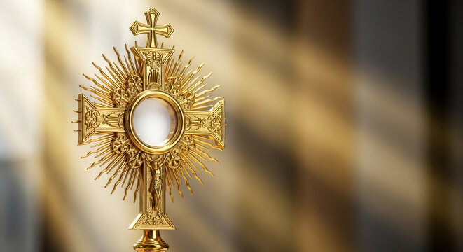 Sacred golden monstrance with radiant sunburst and cross, evoking divine light and devotion in a place of worship