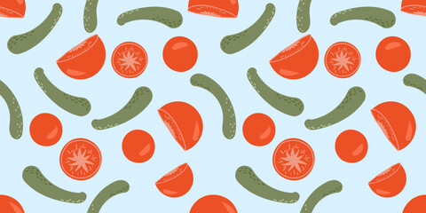 seamless pattern of cucumbers and tomatoes on a blue background, healthy food
