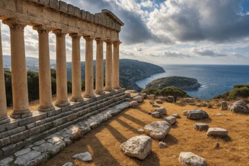 Obraz premium Antike Ruinen mit Säulen vor mediterraner Küstenlandschaft – historische Ausgrabungsstätte mit Blick auf das Meer, umgeben von Zypressen und Natur