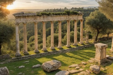 Antike Ruinen mit S&auml;ulen vor mediterraner K&uuml;stenlandschaft &ndash; historische Ausgrabungsst&auml;tte mit Blick auf das Meer, umgeben von Zypressen und Natur