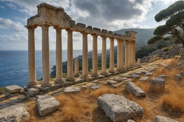 Fototapeta premium Antike Ruinen mit Säulen vor mediterraner Küstenlandschaft – historische Ausgrabungsstätte mit Blick auf das Meer, umgeben von Zypressen und Natur