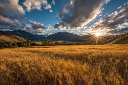 A breathtaking sunset over golden fields with mountains in the background, creating a serene and picturesque landscape.