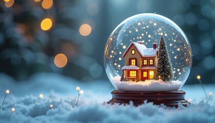 Snow globe with a house and tree surrounded by winter scenery  