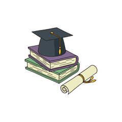 Square academic cap, books and scroll on white background. Color stylized illustration. Vector graphics.