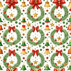Christmas wreath seamless pattern with red bows, golden stars, and festive bells creating joyful holiday atmosphere