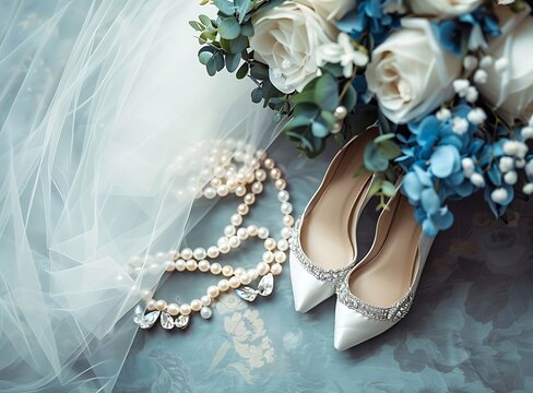 Bridal wedding details: shoes, bouquet, veil and pearls.