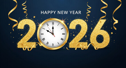 An elegant Happy New Year 2026 banner with glittering gold text and a clock nearing midnight a perfect luxurious design for a glamorous holiday celebration