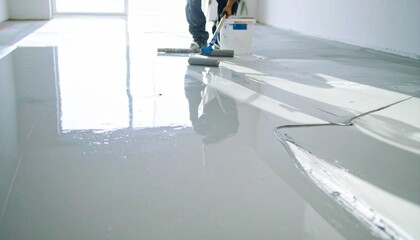 A skilled worker applying a glossy self-leveling compound to create a smooth, seamless floor finish during interior renovation