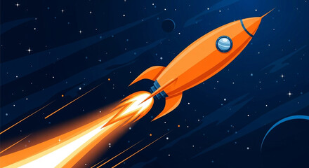 Vibrant orange rocket blasting through starry deep space with fiery exhaust trail, symbolizing innovation and adventure.