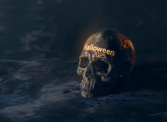 A cracked, lifelike skull features glowing &ldquo;Halloween 2025&rdquo; lettering on its forehead