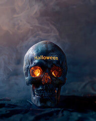 A cracked, lifelike skull features glowing &ldquo;Halloween 2025&rdquo; lettering on its forehead