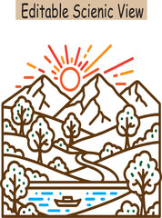 "Scenic editable cartoon landscape with mountains, trees, sun, winter and summer kids drawing style, cute illustration for children books, posters, learning materials, fun design vector art"