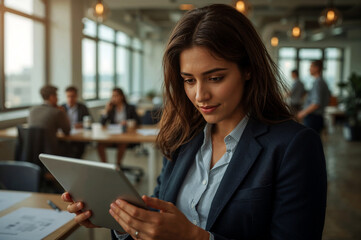 Fototapeta premium Focused businesswoman working on tablet in modern office