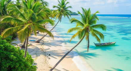 Serene tropical beach paradise with swaying palm trees, crystal clear turquoise water, and a lone wooden boat.