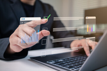 KPI tracking and data analysis concept with businessman using virtual checklist and performance dashboard, representing productivity management, goal setting, and business optimization.