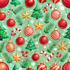 Seamless pattern of decorated Christmas trees, red and gold baubles, candy canes, stars, and pine branches on green background, festive and bright