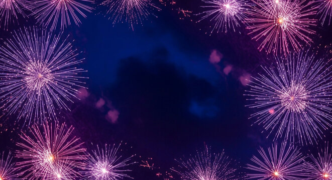 A festive frame of vibrant purple and pink fireworks creates a beautiful border against a dark blue sky perfect for a celebratory message or photo overlay online - Powered by Adobe