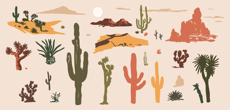 Desert Cactus Collection - Hand Drawn Arid Plants and Landscape Elements Vector Illustration