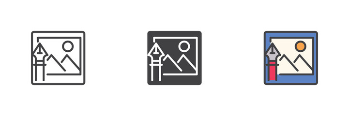 Photo frame with pen tool icon set pack ? line, solid, filled outline different style