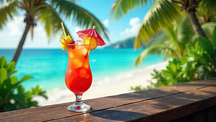 Refreshing Tropical Cocktail on Wooden Railing Overlooking a Calm Ocean