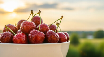 Juicy cherries glistening with water droplets at sunset, a refreshing summer treat in perfect focus