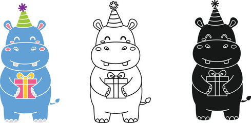 Naklejka premium Cute hippo birthday party vector illustration design template