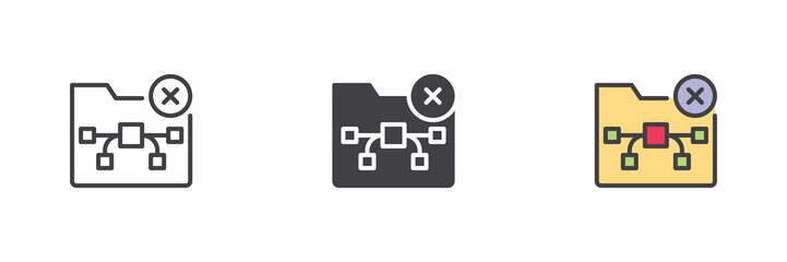 Fototapeta premium Workflow folder cross icon set pack ? line, solid, filled outline, different style