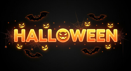 Eerie glowing Halloween festive design featuring carved pumpkin faces and flying bat silhouettes, perfect for seasonal spooky celebrations
