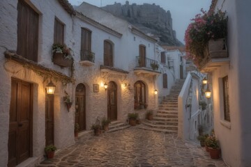 Obraz premium Romantische Altstadtgasse bei Sonnenuntergang mit Blick auf antike Ruinen – enge Gasse mit Kopfsteinpflaster, weißen Häusern und herbstlicher Dekoration in warmem Licht
