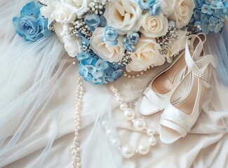 Bridal Bouquet with Shoes: A beautiful bouquet of white and blue flowers, a veil and elegant bridal shoes and pearls.