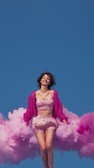A young, beautiful girl floating among the clouds, symbolizing happiness, joy, and freedom, dressed in a charming purple outfit.