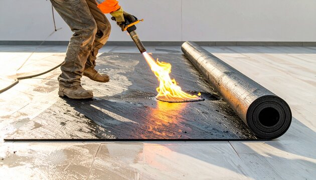 Firefly Roofer installing roofing felt with heating bitumen roll by torch