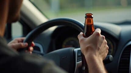 Hands of an intoxicated driver holding a beer bottle close up on the steering wheel 