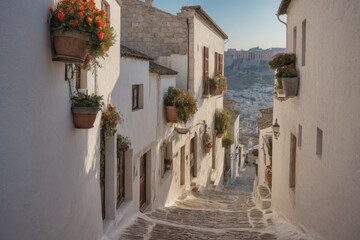 Naklejka premium Romantische Altstadtgasse bei Sonnenuntergang mit Blick auf antike Ruinen – enge Gasse mit Kopfsteinpflaster, weißen Häusern und herbstlicher Dekoration in warmem Licht