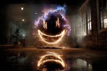 Glowing smiley face reflecting in puddle at night