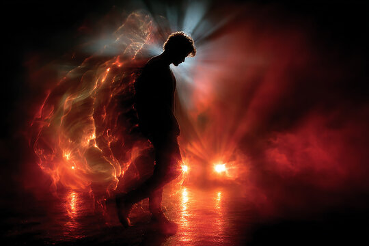 Man walking away from car lights in abstract red fog