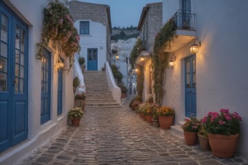 Obraz premium Romantische Altstadtgasse bei Sonnenuntergang mit Blick auf antike Ruinen – enge Gasse mit Kopfsteinpflaster, weißen Häusern und herbstlicher Dekoration in warmem Licht