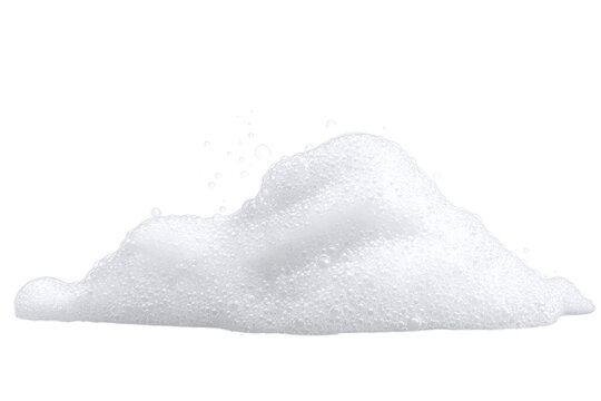 White soap foam pile with tiny and large bubbles isolated on white transparent background