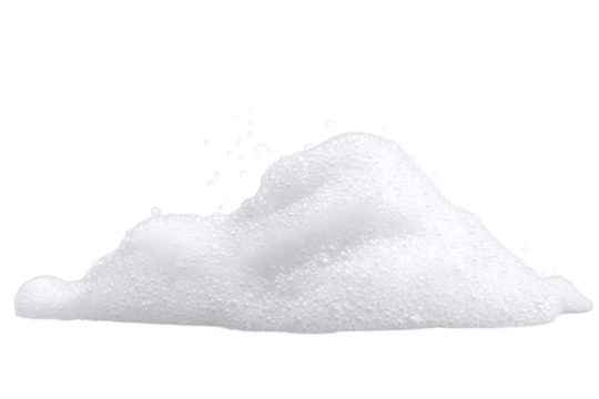 White soap foam pile with tiny and large bubbles isolated on white transparent background