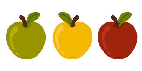 Flat vector illustration of three apples red, green, and yellow on white background. Perfect for healthy food, diet, or design projects.