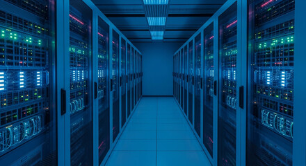 Fototapeta premium Gleaming modern data center server room glows with blue light, showcasing rows of blinking technology and network infrastructure