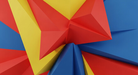 Obraz premium Dynamic abstract geometric shapes in vibrant red, yellow, and blue create a modern, energetic background for design.