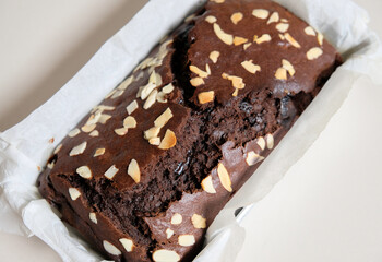 Close-up of chocolate cake with almond topping
