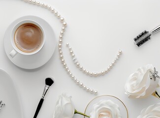 Coffee and Elegance: A close-up shot presents a serene composition featuring a delicate cup of coffee alongside a string of lustrous pearls, makeup tools, and pristine white roses.