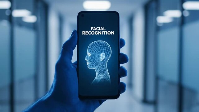 Hand Holding Smartphone Displaying Facial Recognition Interface in Blue Light Hallway