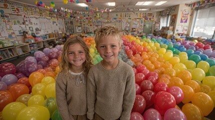 A colorful classroom celebration with balloons, banners, and smiling faces