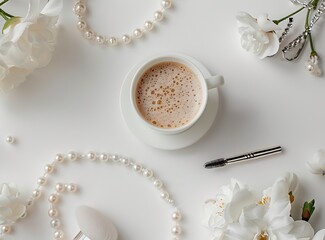 Serene Coffee Moment with Decoration: A moment of peace captured with a cup of coffee alongside elegant decorations, including a pearl necklace, creating a sense of luxury.