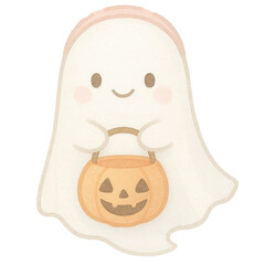 Cute Cartoon Ghost with Halloween Pumpkin Bucket for Spooky Fun